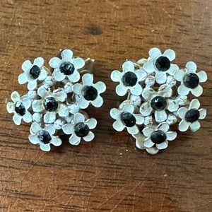 Vintage Black & White Floral Clip-On Earrings